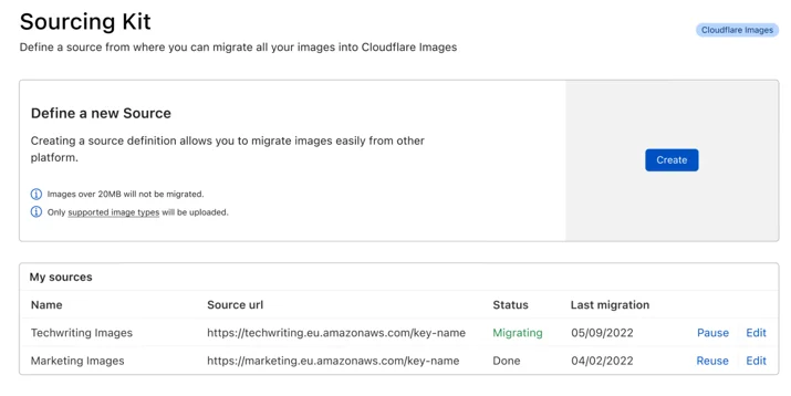 Images migration status and edit source definitions access