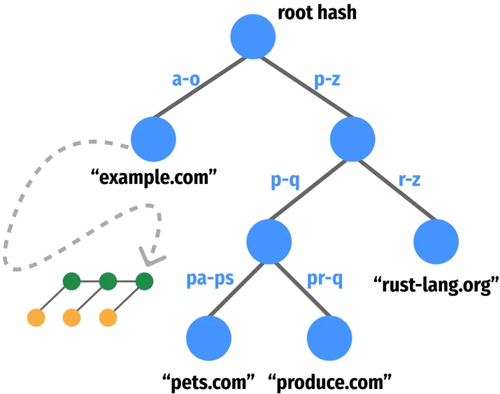 A binary tree. Each node is a blue circle. The top circle, the root node, is labeled “root hash”. Two solid lines come out of the bottom of the root node, one to the left and one to the right. The left one is labeled with the alphabet range “a-o”. It connects to a node labeled “example.com”. This node has a curvy dashed arrow coming from it and pointing to the rightmost green node in a miniature hash chain representation. The right line coming from the root node is labeled with the alphabet range “p-z”, and connects to another blue node. This node itself has children. The right line is labeled with the alphabet range “r-z” and connects to a node labeled “rust-lang.org”. The left line is labeled with the alphabet range “p-q” and connects to another blue node. This blue node itself has children. The left line is labeled with the alphabet range “pa-ps” and connects to a node labeled “pets.com”. The right line is labeled with the alphabet range “pr-q” and connects to a node labeled “produces.com”.