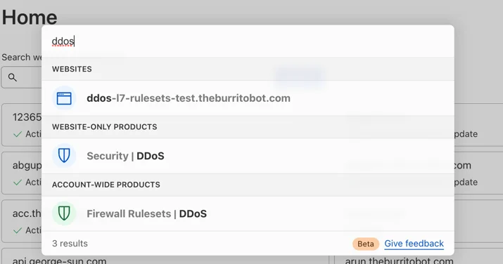 Image of quick search in the Cloudflare dashboard showing results for the search term “ddos”