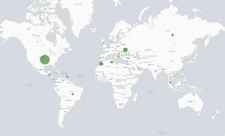 Figure 4: Countries and regions with residential network activity. Size of markers are proportionate to the number of IPs with residential proxy activity.