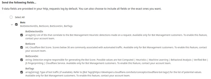 Bot Detection IDs can be selected in HTTP Request LogPush job configurations