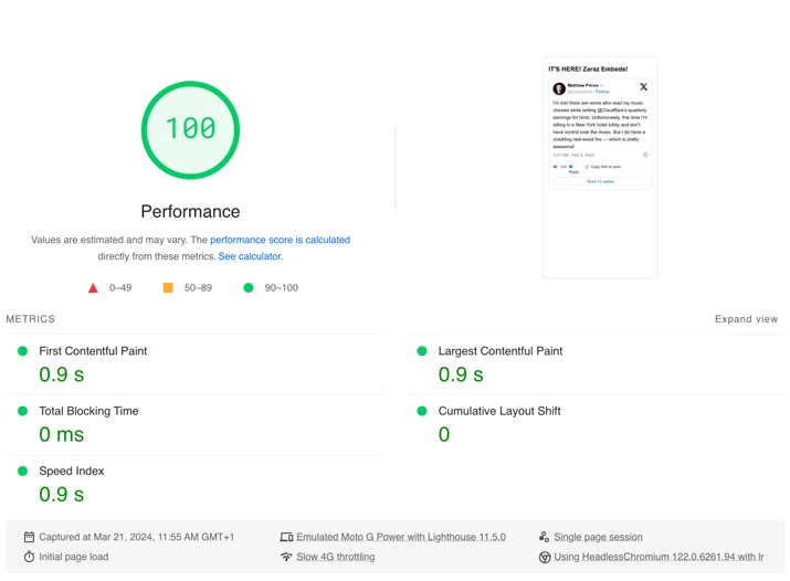 Cloudflare Zaraz Twitter Embed scores 100 in Google PageSpeed Insights test